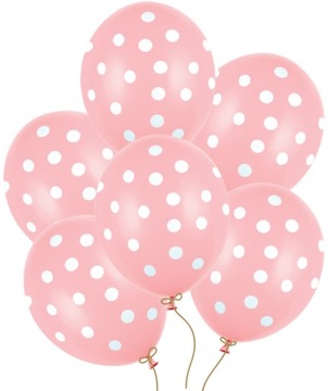 BALONY JASNORÓŻOWE RÓŻOWE W BIAŁE KROPKI GROCHY NA BABY SHOWER ROCZEK 6 SZT