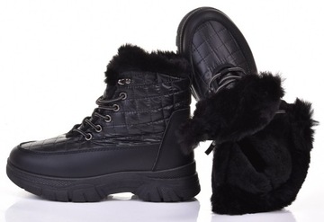 WYGODNE BUTY ZIMOWE DAMSKIE ŚNIEGOWCE OCIEPLANE Z FUTERKIEM CZARNE