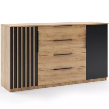 Komoda loftowa SORENTO 160cm lamele szuflady Dąb Craft Złoty / Czarny