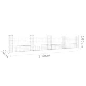 Габионный забор с 5 столбами, железо, 500х20х100 см.