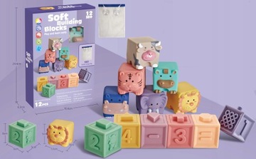 СЕНСОРНЫЕ БЛОКИ Мягкая резина ЖИВОТНЫЕ Игрушки для прорезывания зубов, 12 штук