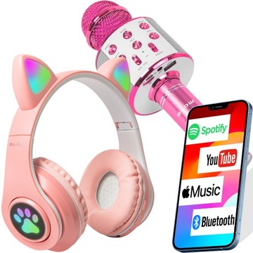 MIKROFON BEZPRZEWODOWY GŁOŚNIK + SŁUCHAWKI NAUSZNE BLUETOOTH KOCIE USZY LED