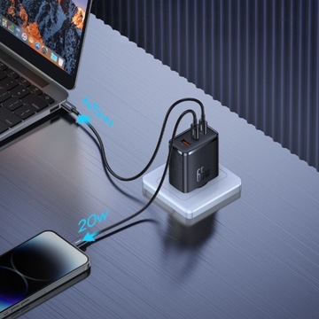 БЫСТРОЕ СЕТЕВОЕ ЗАРЯДНОЕ УСТРОЙСТВО BASEUS, БЛОК ПИТАНИЯ, 2X USB-C + USB, 65 Вт