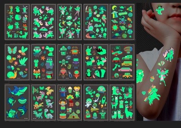 Tatuaże dla dzieci ŚWIECĄCE W CIEMNOŚCI 15 ARKUSZY DZIECIĘCE 170 szt