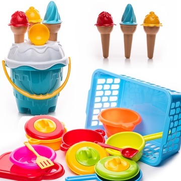 ДЕТСКОЕ ВЕДРО ДЛЯ ПЕСОЧНИЦЫ МОРОЖЕНОЕ В КОРЗИНЕ ЛОПАТЕЛИ ПОСУДА