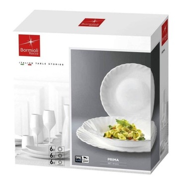 Набор из 18 обеденных тарелок Bormioli Rocco Prima, белое стекло, можно мыть в посудомоечной машине.