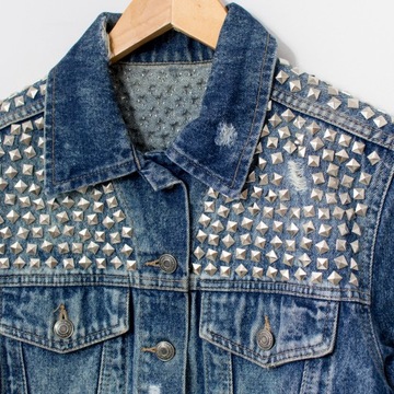 COMA kurtka jeansowa handmade DIY distressed rockowa z ćwiekami