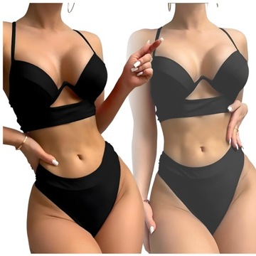 CZARNY STRÓJ KOSTIUM KĄPIELOWY BIKINI FISZBINY PUSH UP SEKSOWNY WIĄZANY L