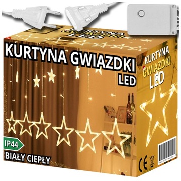 KURTYNA ŚWIETLNA GWIAZDKI LED BIAŁE CIEPŁE LAMPKI CHOINKOWE DŁUGA GIRLANDA
