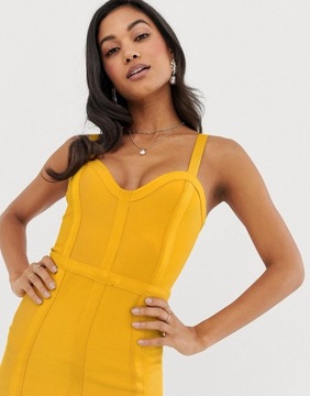 Żółta bandażowa sukienka midi z asymetrycznym 36