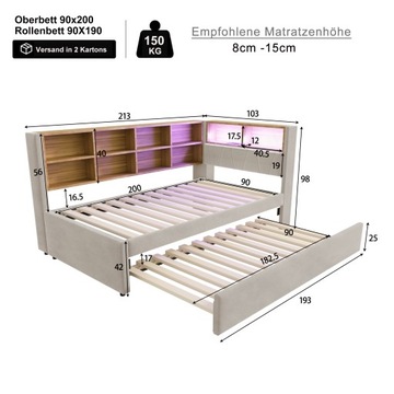 Sofa rozkładana 90x200, łóżko wysuwane Schowek na gniazdo LED Jasnoszary