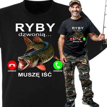 Koszulka Wędkarska Prezent dla Wędkarza Taty Dziadka Ryby Dzwonią L