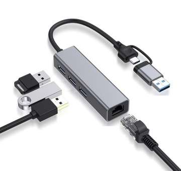 KARTA SIECIOWA USB-C / Thunderbolt 3 / USB 1000Mbps / 1Gbps + HUB 3xUSB 3.0
