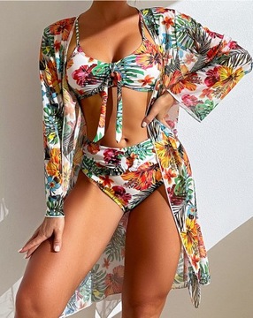 STRÓJ KĄPIELOWY DAMSKI DWUCZĘŚCIOWY NARZUTKA WYSOKI STAN KWIATY XL