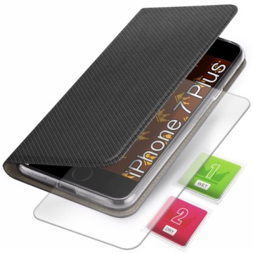 ETUI Z KLAPKĄ DO IPHONE 7 PLUS / 8 PLUS CZARNE ZAMYKANE MAGNETYCZNE + SZKŁO
