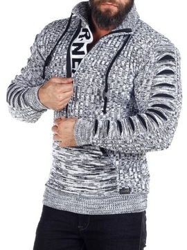 SWETER MĘSKI GRUBY GOLF ROZPINANY STÓJKA SZARY - L