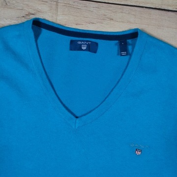 GANT Sweter Męski Cashmere V Neck Niebieski Logowany r. L