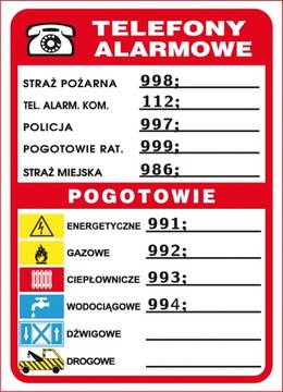TABLICA TELEFONY ALARMOWE 210X150 PŁYTA PCV