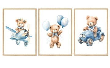 A4 21,00 x 30,00 cm SAME PLAKATY NIEBIESKI MIŚ BALONY SAMOLOT AUTO 3 SZT