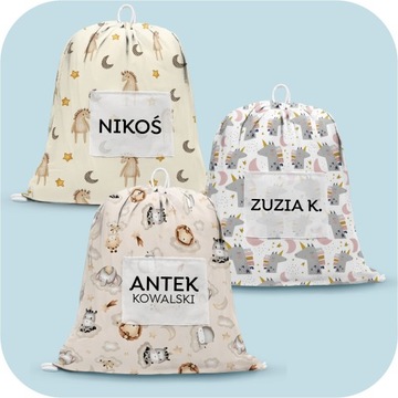 WOREK NA POŚCIEL Z IMIENIEM DO PRZEDSZKOLA ŻŁOBKA Pojemny Z UCHWYTEM 50x60