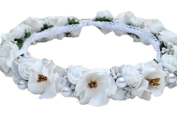 Wianek komunijny delikatny na komunię biało złoty handmad Gardenia White