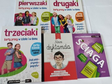 Zestaw kl 1-3 PIERWSZAKI DRUGAKI TRZECIAKI KARTY PRACY, ŚCIĄGA 1-3, DYKTAND