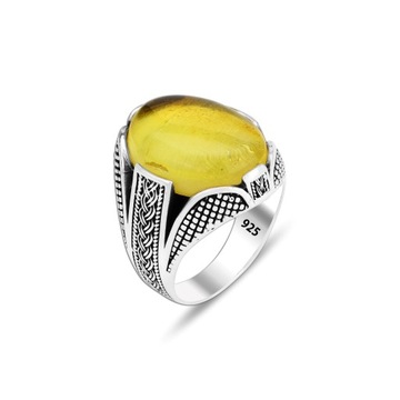 Natural Amber Silver Men's Ring, Luxurious 925 Sterling Silver,