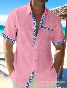 Przewiewna casual męska Koszula Lniana krótki rękaw hawajska Koszula