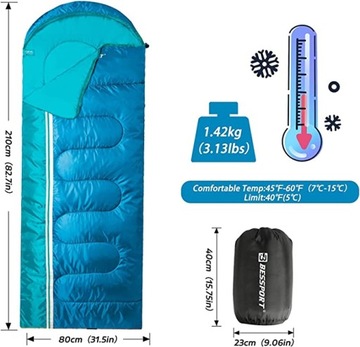 BESSPORT ТЕПЛЫЙ И ЛЕГКИЙ ПОХОДНЫЙ СПАЛЬНЫЙ МЕШОК 15°C