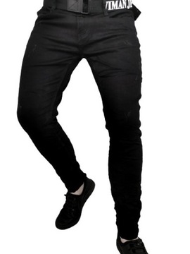 Spodnie męskie jeans czarne przetarcia slim PASEK GRATIS 30