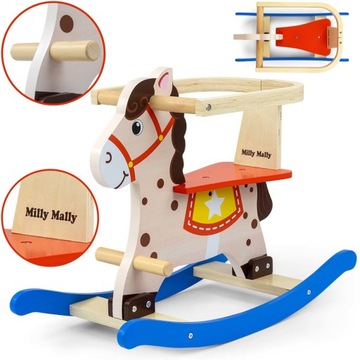 Koń na biegunach drewniany z barierkami Lucky 12 Blue/Red Milly Mally