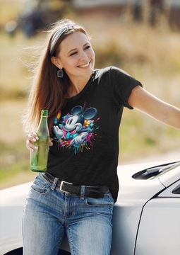 Damski T-Shirt czarna damska Koszulka Myszka Minnie Miki nadruk motyl XL