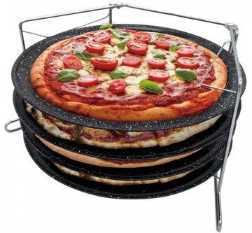 ZESTAW KOMPLET 4 BLACH DO PIECZENIA PIZZY + STOJAK