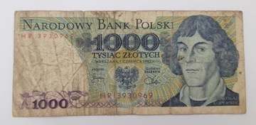 Старая коллекционная банкнота Польша 1000 злотых 1982 года.