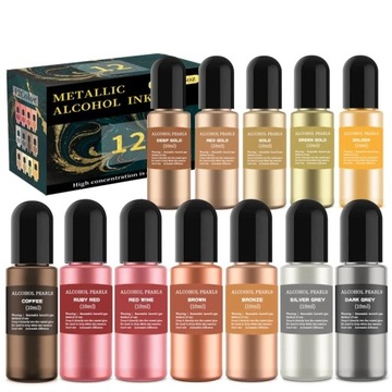PIGMENT ALKOHOLOWY METALICZNY DO ŻYWIC UV ZESTAW 12 sztuk 12x10ml