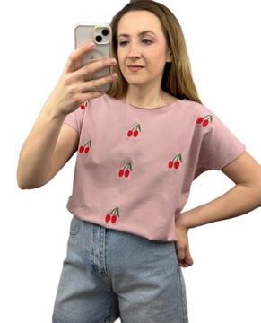 Luźna koszulka t-shirt haftowane wisienki cherry laserowo cięta S M L Fancy