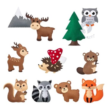 Лес - Набор для шитья из фетра своими руками 12 шт - Лиса, Сова, Медведь, Белка