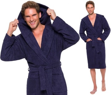 BAWEŁNIANY FROTTE SZLAFROK MĘSKI Z KAPTUREM L