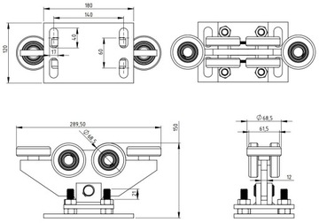 КОМПЛЕКТ ТЕЛЕЖЕК ДЛЯ ОТКАТНЫХ ВОРОТ 80х80х5 6 РОЛИКОВ ПОЛИАМИДНЫЕ РОЛИКЫ