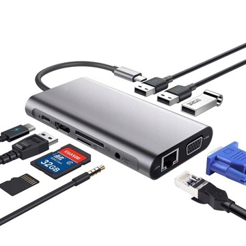 АДАПТЕР-ХАБ 10в1 USB-C HDMI 4K для MacBook VGA SD