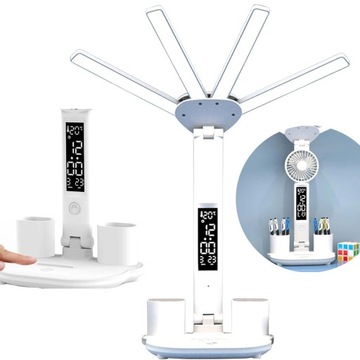 LAMPKA NA BIURKO LED ORGANIZER TERMOMETR ZEGAR WENTYLATOR 4-RAMIONA 3 BARWY