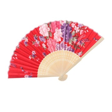 Hand Held Floral Fan Women Silk Fabric Folding Red