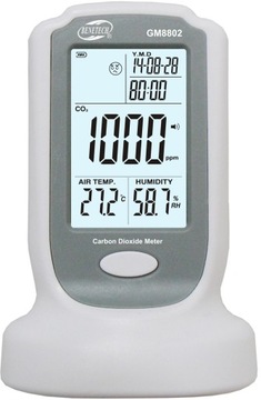 DETEKTOR STĘŻENIA CO2 CZUJNIK MIERNIK DWUTLENKU WĘGLA LCD Z DATĄ I TEMP.