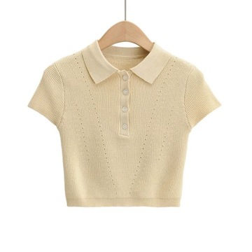Women Inspired Cropped Knitted Polo Top Pointelle