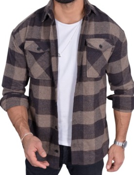 FLANELOWA KOSZULA MĘSKA W KRATĘ KIESZONKI CASUAL - M