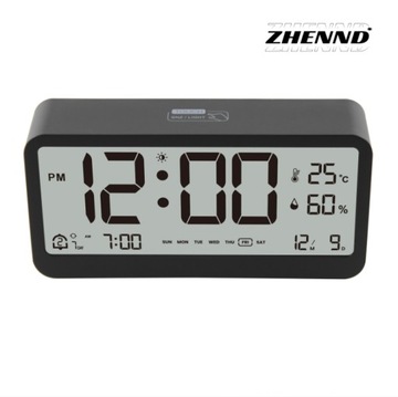 CZARNY ELEKTRONICZNY LED BUDZIK ZEGAR INTELIGENTNY CZUJNIK ŚWIATŁA NOCNEGO