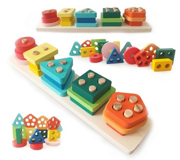 MONTESSORI Drewniana układanka kształty i kolory sensoryczna sorter klocki