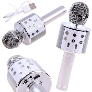 MIKROFON BEZPRZEWODOWY KARAOKE BLUETOOTH SREBRNY