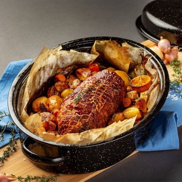 Эмалированная сковорода, жаровня для гуся с крышкой для запекания мяса, 5л.