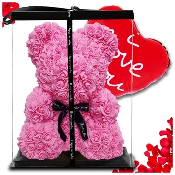 DUŻY MIŚ Z RÓŻ RÓŻOWY LED WALENTYNKI PREZENT DZIEŃ MAMY BABCI 25CM XL 3D